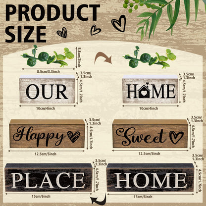 Briwooody 4 Pcs Farmhouse Wooden Table Decor Reversible Sweet Home Tiered Tray Decor Rustic Eucalyptus Leaves Wood Block Sign Gifts for Home Table Kitchen Shelf Fireplace Mantel Decoration