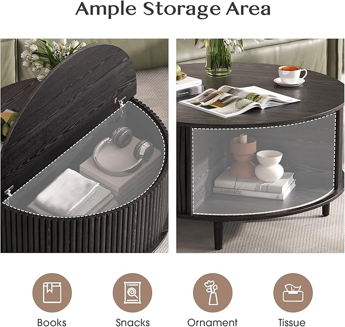 Round Coffee Table with Storage, 31.5" Modern Coffee Table with Sliding Door & Solid Wood Legs, Minimalist Fluted Center Table for Living Room, Home Small Space, Black