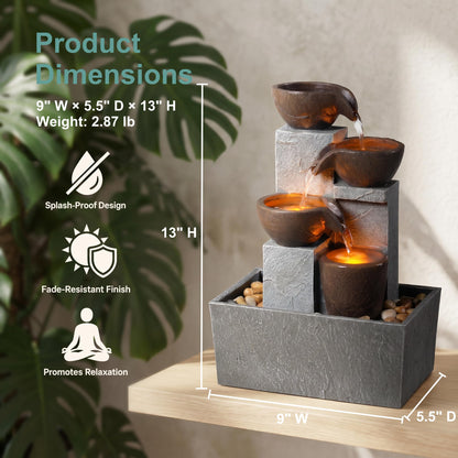 Rytmfluss 13 Inch Tabletop Water Fountain Indoor, Desktop Waterfall Fountain with LED Lights, Indoor Fountain Zen Decor for Home Office Bedroom Meditation Relaxation Desk Decor, Gift for Women and Mom
