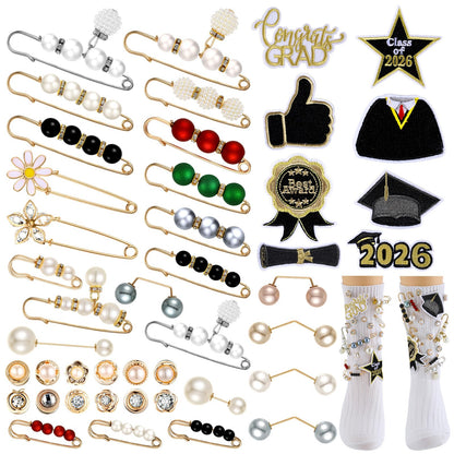 Wavwavw 35 Pcs Graduation Junk Sock Charms with 8 Graduate Iron-on Patches, Class of 2026 DIY Sock Pins Jewelry Accessories Graduation Shoes Brooch Accessories for Women Clothes Hats Scarf Shawl