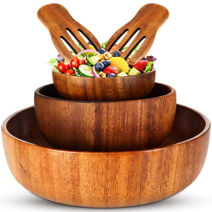 Hushee 5 Pcs Acacia Wood Salad Bowl Set 4.7" 6.3" 9.5" Wooden Mixing Bowls with 2 Wooden Hands Large Wood Serving Bowl with Serving Utensils for Kitchen Fruits Cereal Corn Flake Pasta Gift Giving