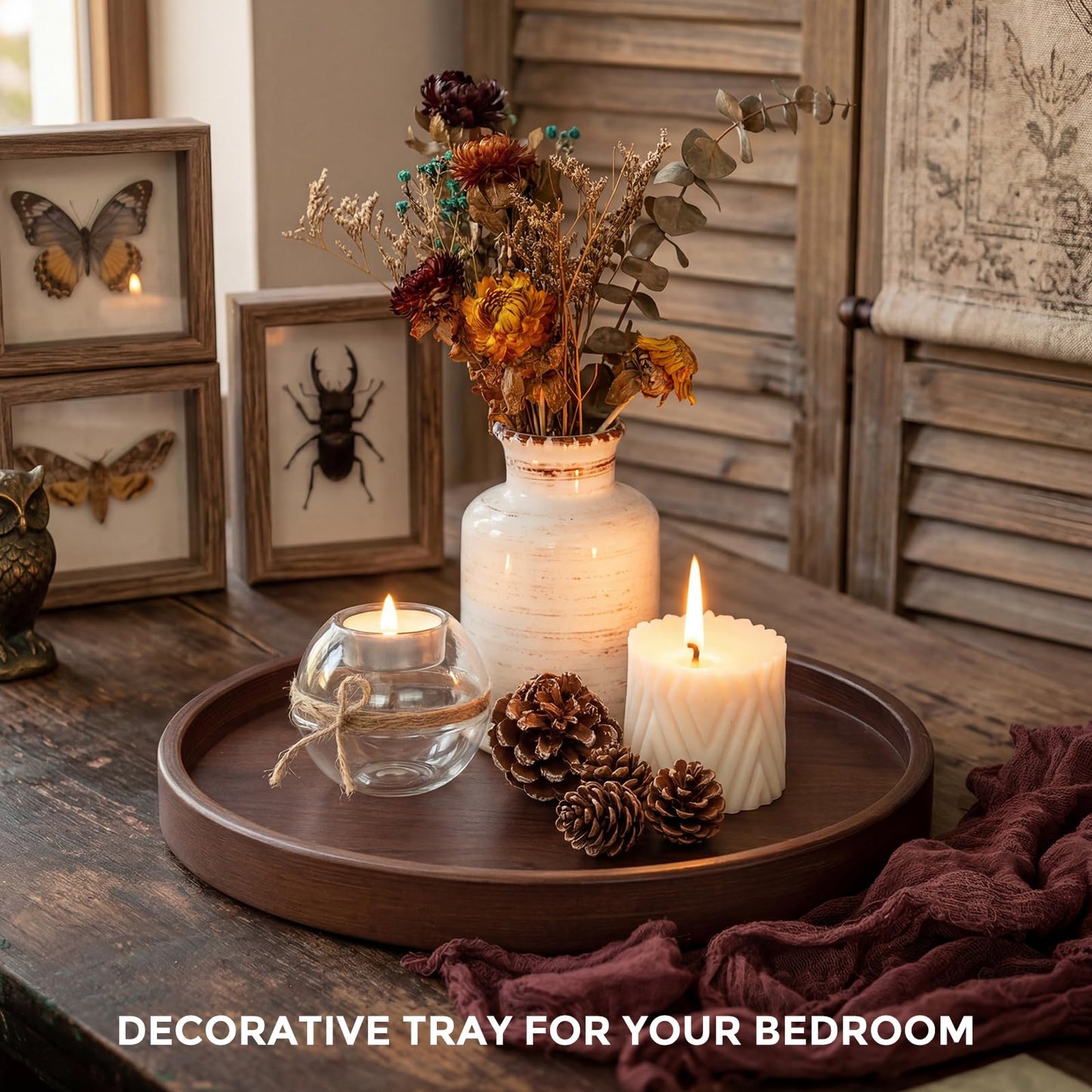 Round Natural Wood Tray - 12 Inch Decorative Serving Tray with Handles, Solid Wooden Coffee Table Tray for Ottoman, Vanity, Entryway, Snacks, Drinks & Home Decor