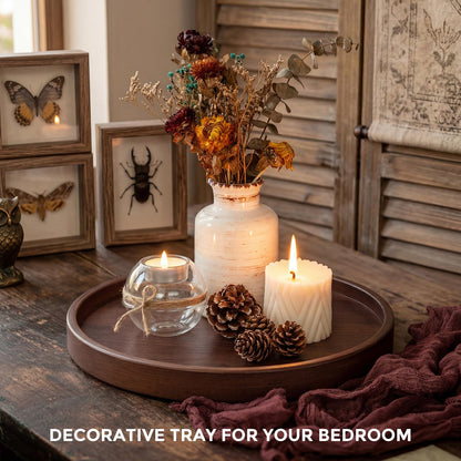 Round Natural Wood Tray - 12 Inch Decorative Serving Tray with Handles, Solid Wooden Coffee Table Tray for Ottoman, Vanity, Entryway, Snacks, Drinks & Home Decor