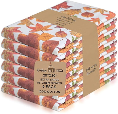 Urban Villa Kitchen Towels Harvest Leaves Print Dish Towels Set of 6 20" X30”