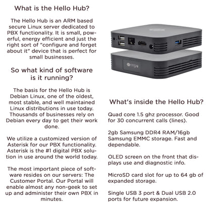 ring-u Hello Hub Small Business Phone System (PBX) and Service (VOIP). Up to 30 Lines and 75 Extensions. Keep Your Number! Set-up Easier Than a Wireless Router. Ring-u Service Required.