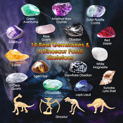 UNGLINGA Gemstone Excavation Gem Rock Dig Science Experiments Kit for Kids, Excavate 15 Gems and 4 Plastic Dinosaur Fossil Skeletons, Christmas Birthday Toys Gifts Idea for Girls and Boys