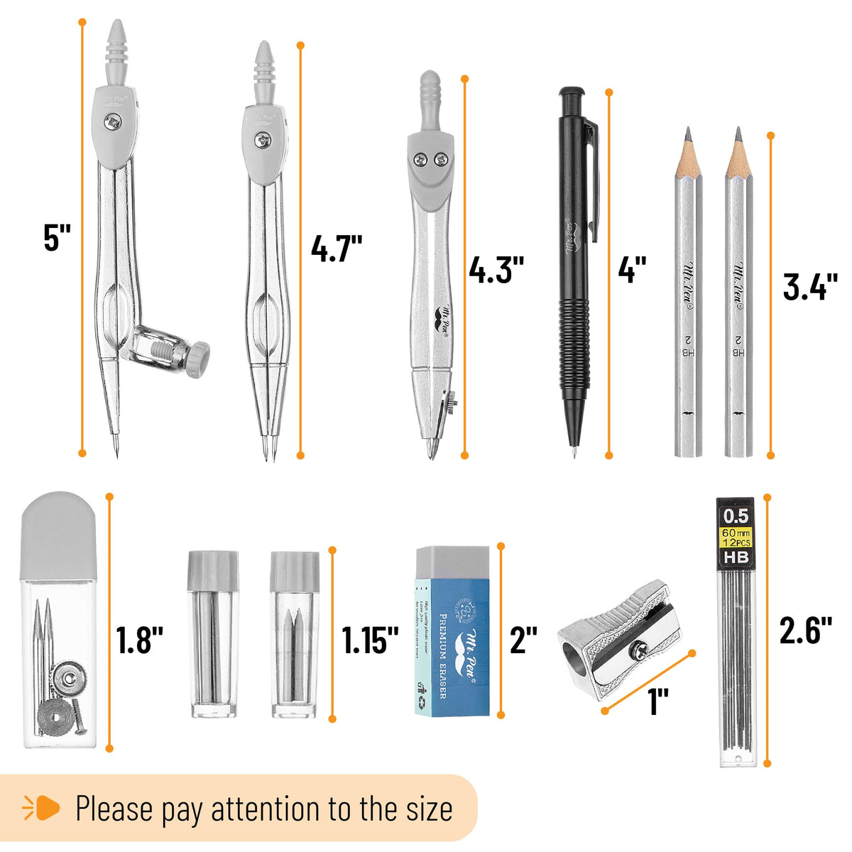 Mr. Pen- Geometry Set, 15 pcs, Light Grey, 6 Inch Swing Arm Protractor, Divider, Set Squares, Ruler, Compasses and Protractor