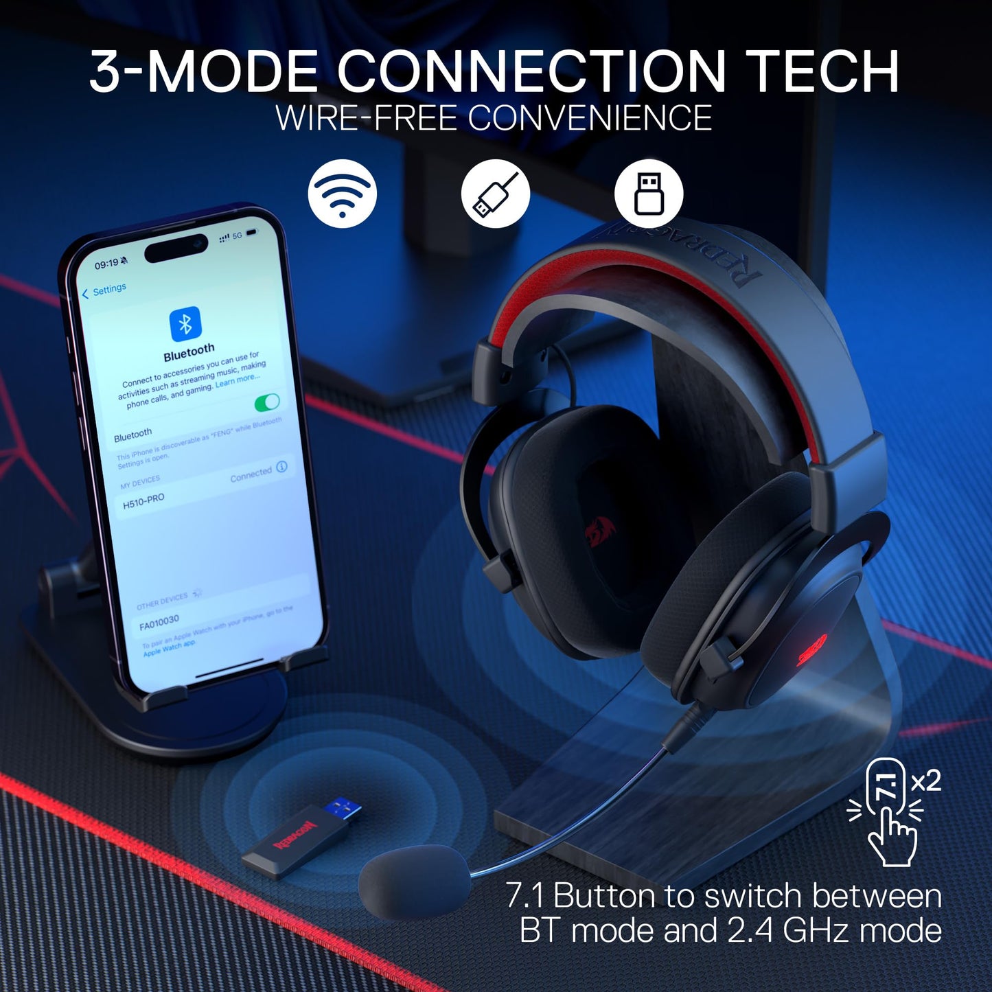 Redragon H510 PRO 3-Mode RGB Gaming Headset - 7.1 Surround Sound - 53MM Audio Drivers in Memory Foam Ear Pads w/Durable Fabric Cover- Multi Platforms Headphone - USB Powered for PC/PS4/NS