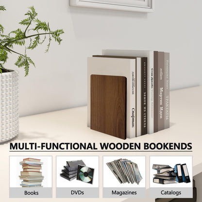 Brosisincorp Walnut Wood Book Ends for Shelves - Hand Polished Edges, Non-Skid Bookends for Heavy Duty Book Holders Office Desk Shelves Decorative Book Organizer, 6.69"H x 4.72"W x 3.94"L (3 Pairs)