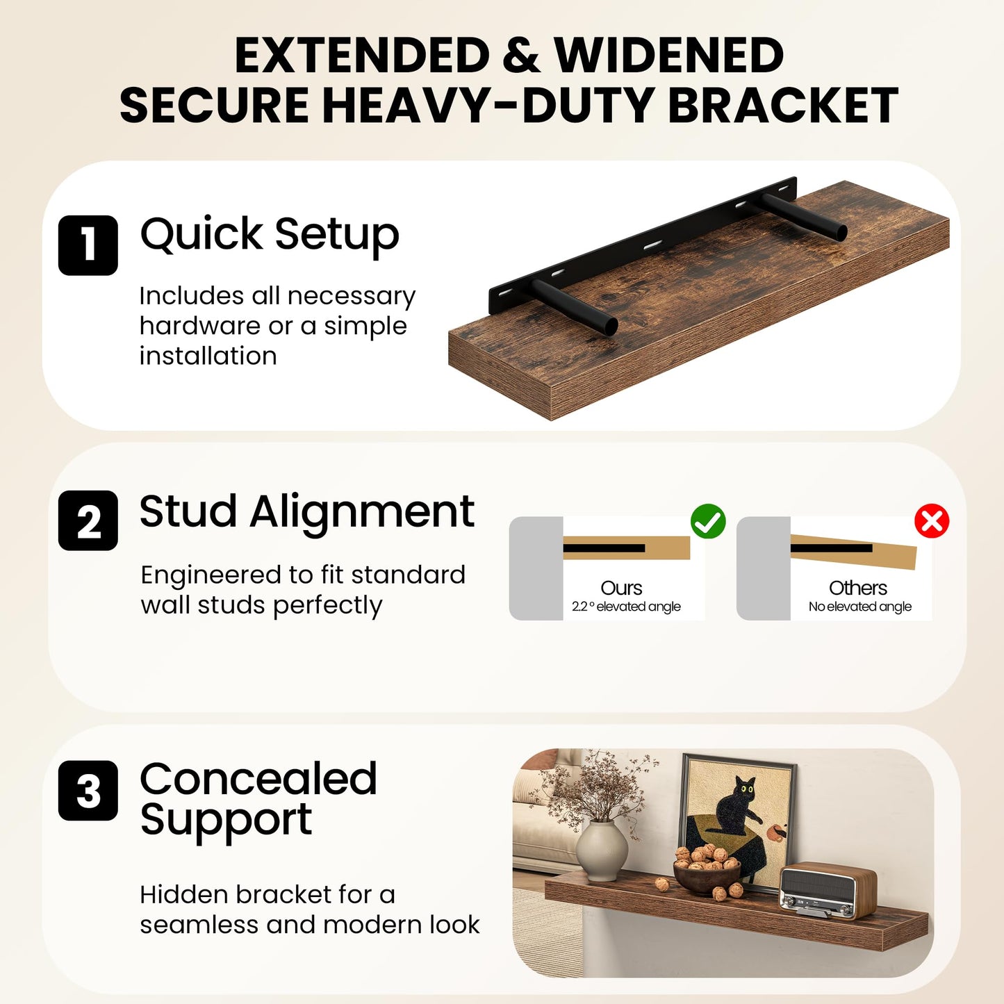 55 Inch Floating Shelves for Wall, Wood Wall Mounted Deep Storage Shelves with Invisible Brackets, Extra Long Decorative Display Ledge for Living Room Bedroom and Kitchen, Set of 2, Rustic Brown