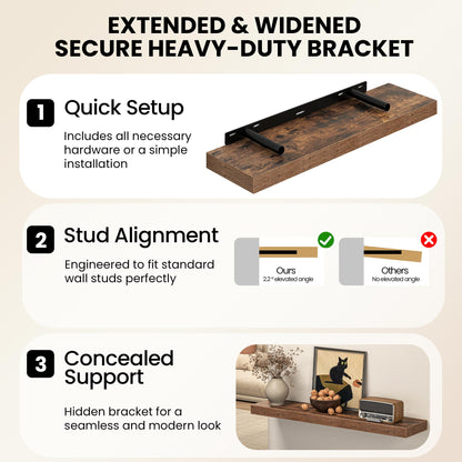 55 Inch Floating Shelves for Wall, Wood Wall Mounted Deep Storage Shelves with Invisible Brackets, Extra Long Decorative Display Ledge for Living Room Bedroom and Kitchen, Set of 2, Rustic Brown