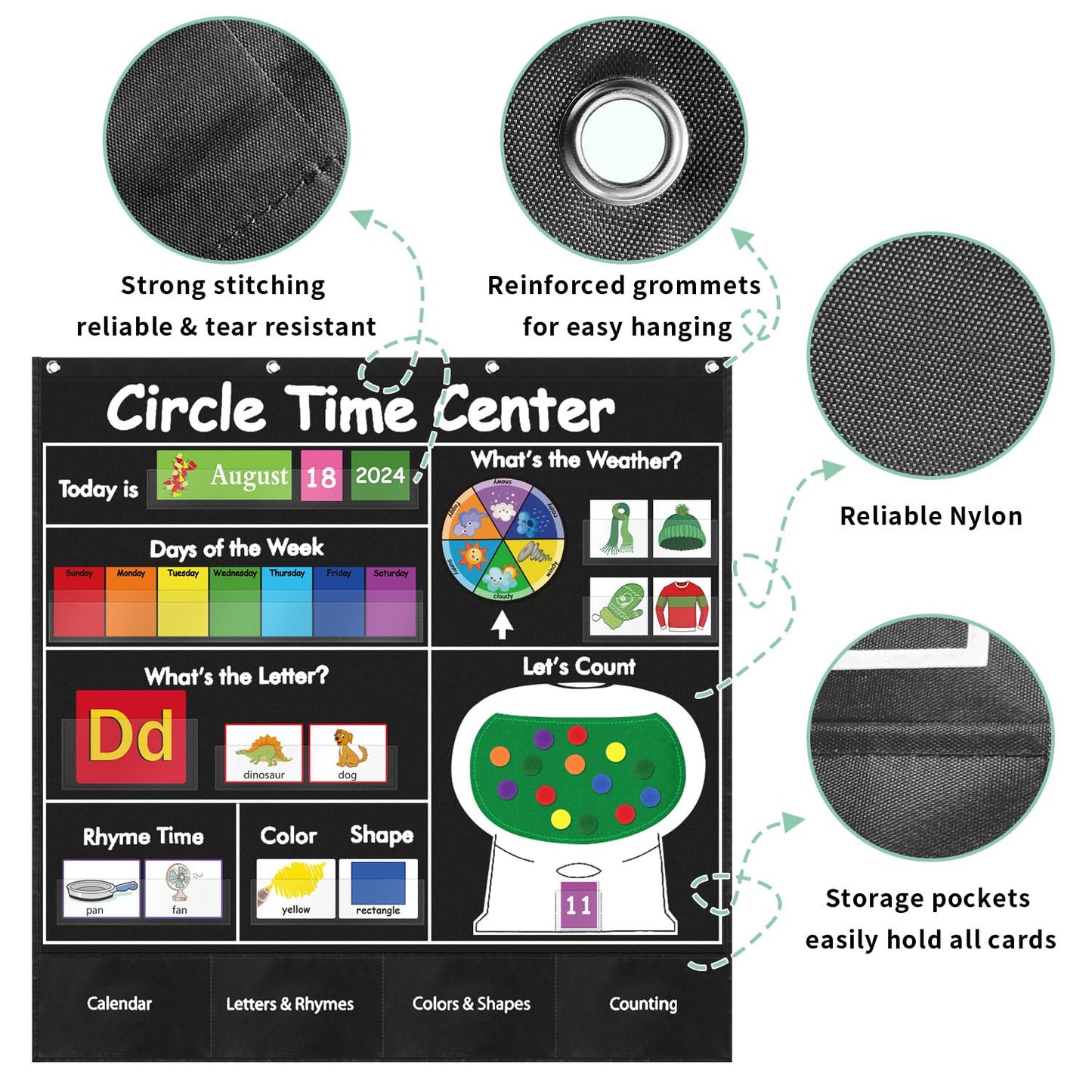 Circle Time Learning Center Pocket Chart, Calendar for Classroom, Educational Pocket Chart Learning Calendar Weather Letter Counting Rhyme Color Shape(Black)