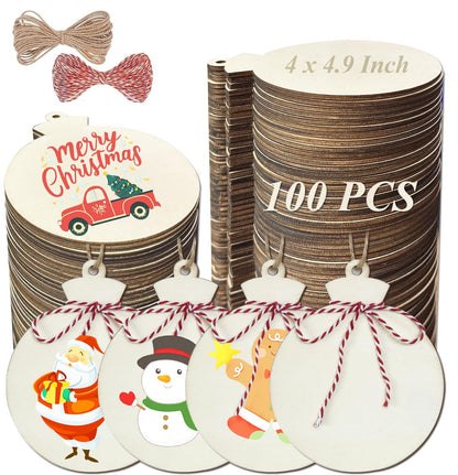 FCDECOR 4.9" 100PCS Christmas Wooden Ornaments Unfinished, DIY Christmas Crafts for Kids Wood Slices DIY Crafts Supplies for Girls Adults, Xmas Ornaments Holiday Decoration
