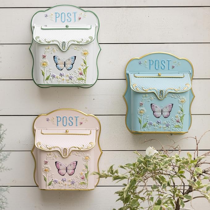 Mailbox Wall Mount Mailboxes for Outside Vintage Mail Boxes for House Outside Metal Drop Box Antique Style Nostalgic Charm Home Decorative Butterfly Pink