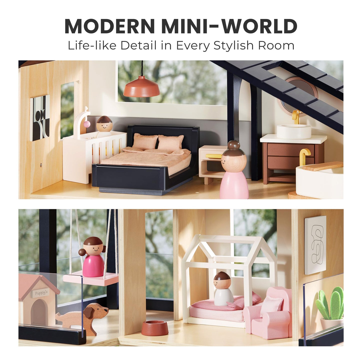 Tiny Land Doll House, Modern Family Dollhouse,Wooden Dollhouse Animal Set