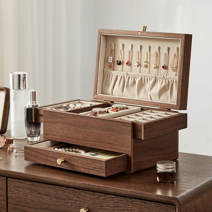 CHOSIN Black Walnut Wooden Jewelry Box for Women, 3 Level Multi-functional Drawer Organizer Box Watch Necklace Ring Earring Storage, Ideal Gift for Her, Fathers Day Gif