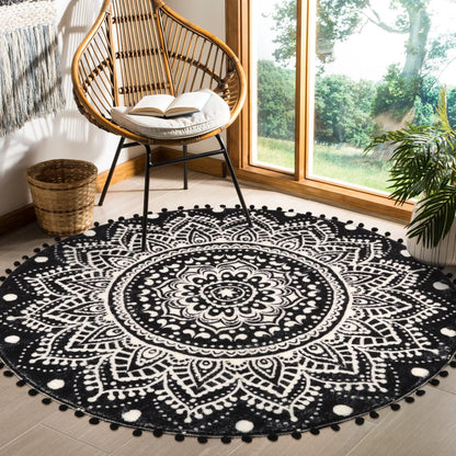 Uphome Boho Round Rug for Living Room 4' Circular Black Mandala Area Rug with Pom Poms Fringe Washable Cute Bohemian Accent Throw Rugs Non-Slip Soft Floor Mat for Bedroom Sofa Kids Room Nursery
