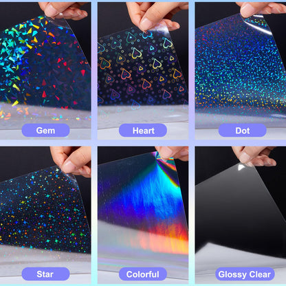 Clabby 36 Sheets Holographic Sticker Paper A4 Vinyl Holographic Laminate Sheets Self Adhesive Waterproof Transparent Film, 11.7 x 8.3 inches(Gem, Dot, Colorful, Star, Heart, Glossy Clear)