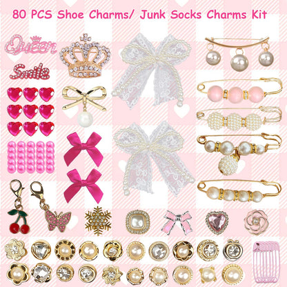Molirex 80 Pcs Shoe Charms for Sneakers Women Junk Socks Charms Kit with Pearl Shoelace Gold Brooches and Pins, Rhinestone Pink Bows Charm Set