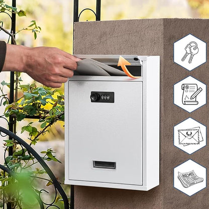 KYODOLED Locking Wall Mount Mailbox with Combination Lock, White | Heavy-Duty Steel, Secure Drop Box for Mail, Cash & Keys, Weather Resistant, Home, Office & School Use, 12.4 x 8.54 x 3.35 In
