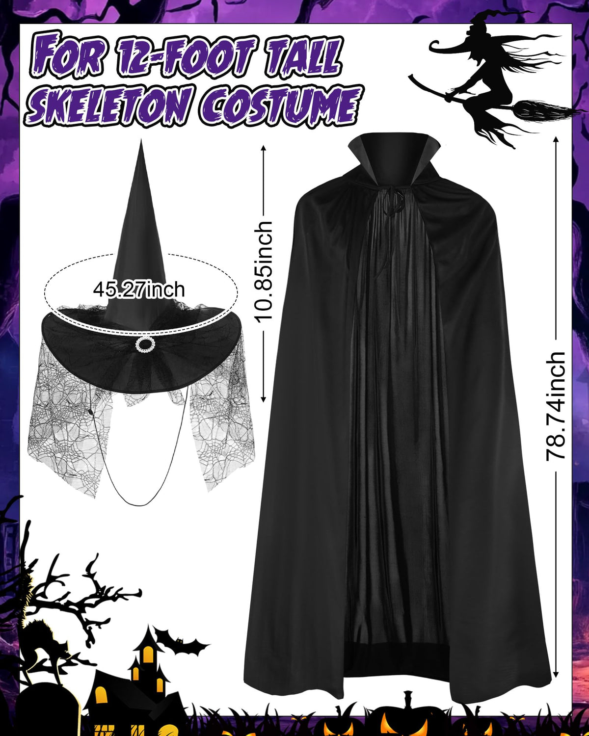 Tarpop Halloween 12 ft Skeleton Outfit Set Giant Skeleton Witch Theme Costume Includes Witch hat and Cloak for Halloween Decorations Outdoor Yard Haunted House Prop Decorations