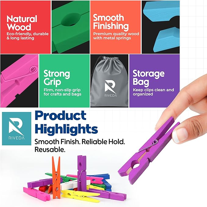 RIVEDA 50pcs Colored Wooden Clothes Pins, 2.9inch 10 Colors, Clothespins