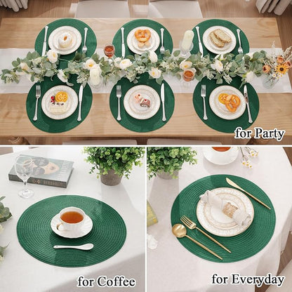 SHACOS Dark Green Round Placemats Set of 6 Cotton Polyester Braided 15 inch Washable Kitchen Dining Table Place Mats Christmas Table Mats for Home Wedding Party Decor