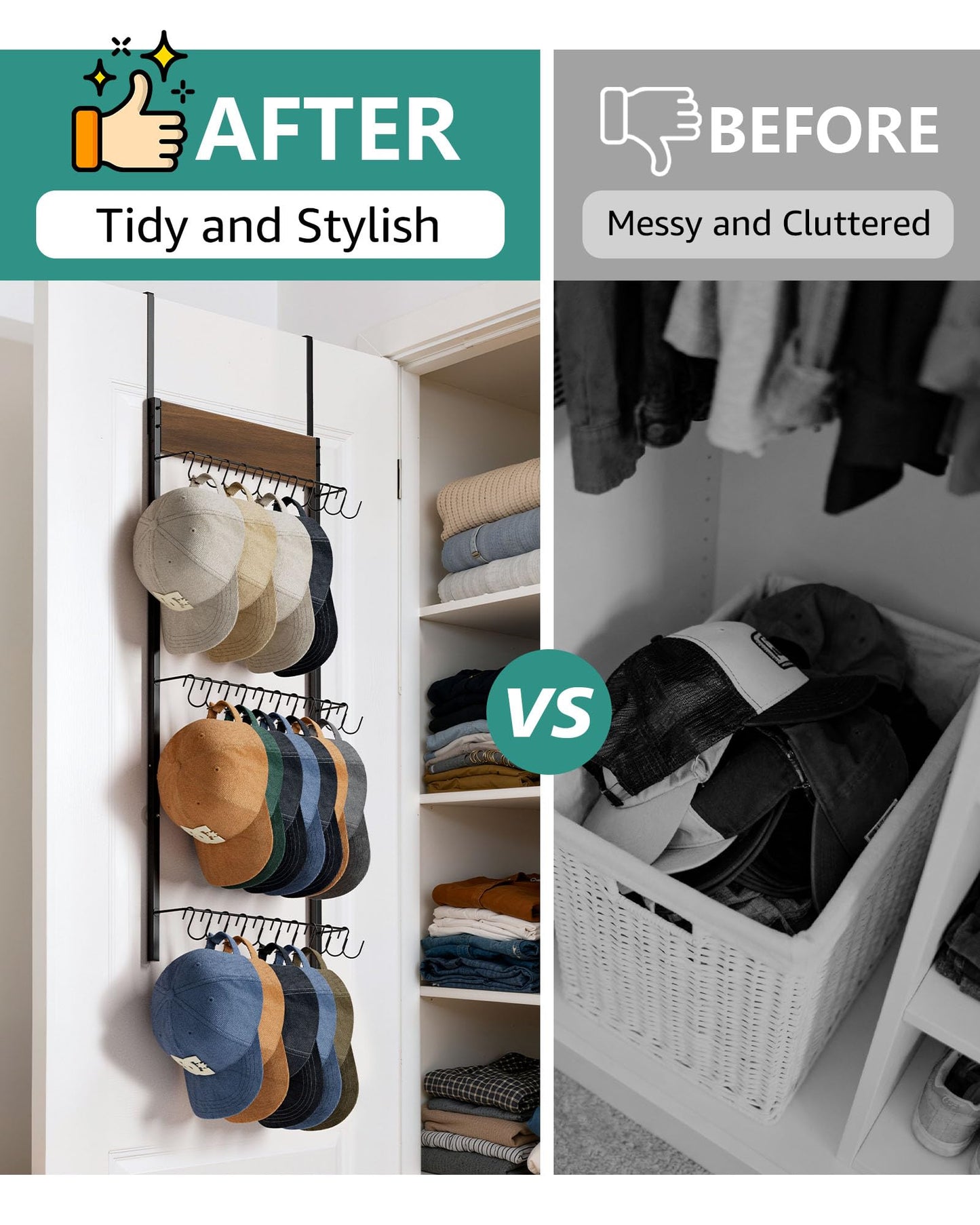 FANGSUN 3-Tier Over the Door Hat Rack with 30 Movable Hooks – Wall Mounted Hat Organizer for Baseball Cap Storage, Cap Holder Gifts for Men Dad, Christmas Presents