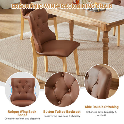 Faux Leather Dining Chairs Set of 2, Upholstered Dining Room Chair with Button Tufted, Solid Wood Legs, Mid Century Modern, Luxury Wingback Side Chair for Living Room, Kitchen, Restaurant, Brown