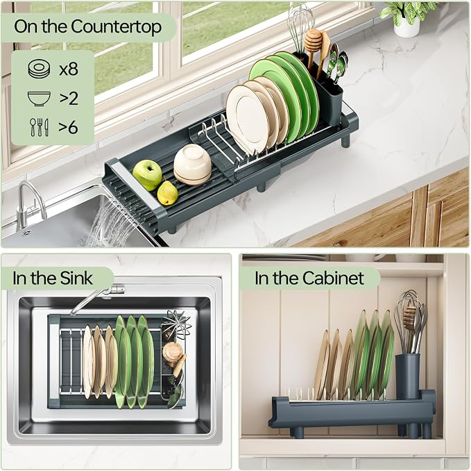 TOOLF Small Dish Drying Rack, Mini Expandable Compact Dish Rack, Slim Extendable Stainless Steel Dish Drainer for Kitchen Countertop, Space Saving Dish Strainer, Dark Slate Gray