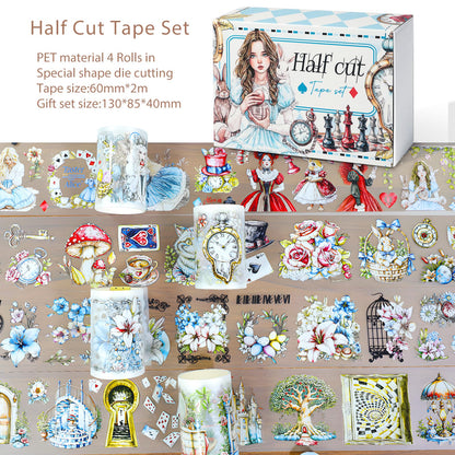 Snycler Pre-Cut Fairy Tale Themed PET Washi Tapes - Vintage Aesthetic Tape Stickers for Journaling, Scrapbooking, Junk Journals, Crafts, Planners - 4 Rolls