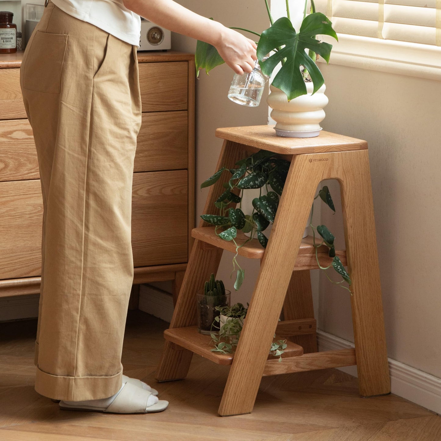 YESWOOD 100% Solid Oak Wood 3 Step Stool, Multifunctional 3-Tier End Table Nightstand Plant Stand Counter Barstool Dining Stool for Living Room Bedroom Kitchen (Natural Oak, 3-Tier)