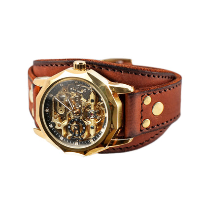 YOURTIME Skeleton Mechanical Watch for Men and Women – Automatic Transparent Golden Dial, Wide Handmade Genuine Leather Strap, Vintage Steampunk Style