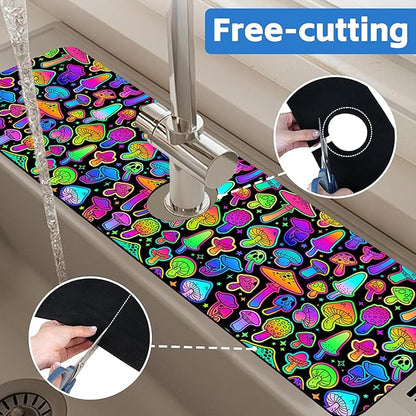 Bright Psychedelic Mushroom Kitchen Sink Splash Guard Mat Absorbent Fast Drying