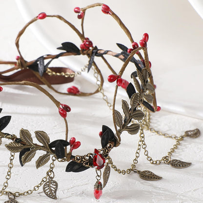 MOSTORY Gothic Flower Elf Crown - Dark Fairy Crown with Tassel for Vampire Accessories Women Witch Aesthetic, Medieval Elven Headpiece with Leaves for Renaissance Renfaire Cosplay