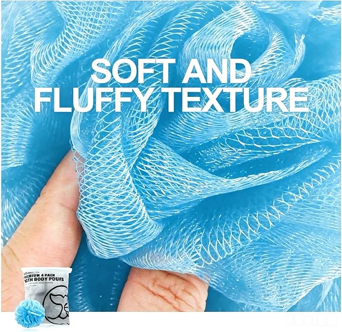 Loofah Bath Sponges - Gentle Exfoliating Shower Loofah for Rich Lather, Durable Mesh Body Scrubber for Men & Women 4 Pack (Sky Blue) | Durable mesh creates rich lather, soft exfoliating loofah for men & women daily shower
