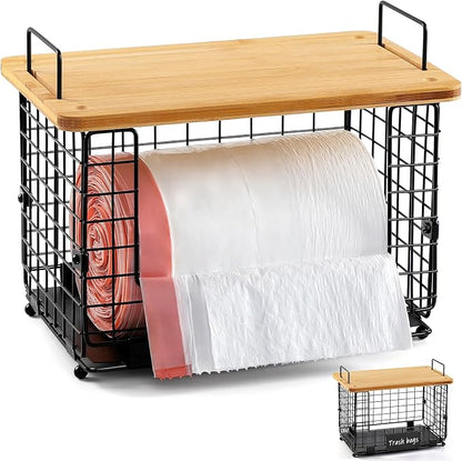 1 Pack Stackable Storage Trash Bag Baskets with Bamboo Top, Large & Standard Trash, Garbage Bag Holder Dispenser, Multiuse Basket for Kitchen Pantry Cabinet Counter Under Sink Laundry Organizing