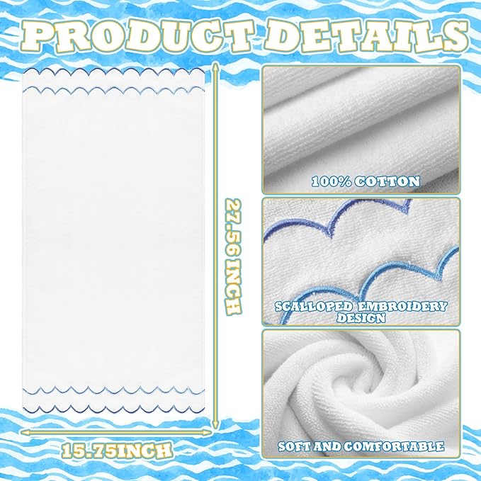 2 Pcs Scalloped Hand Towels 100% Cotton Fingertip Towels