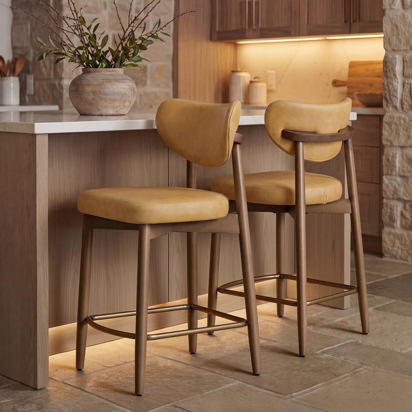 VASAGLE Wooden Bar Stools Set of 2, Upholstered Counter Height Barstools with Solid Wood Legs, Ergonomic Backrest, Mid Century Modern, for Kitchen Island, Synthetic Leather, Caramel Brown