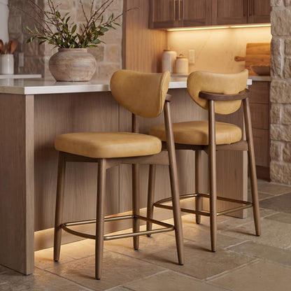 VASAGLE Wooden Bar Stools Set of 2, Upholstered Counter Height Barstools with Solid Wood Legs, Ergonomic Backrest, Mid Century Modern, for Kitchen Island, Synthetic Leather, Caramel Brown
