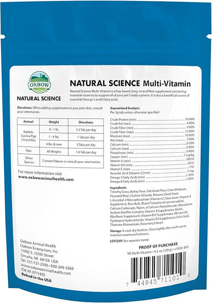 Oxbow Natural Science Multi-Vitamin,High Fiber Supplement for Rabbits & Guinea Pigs,Made with Timothy Hay,Multi-Pet Households,Omega 3 & 6 Fatty Acids,Made in USA,4.2 oz Bag,(Pack of 2)
