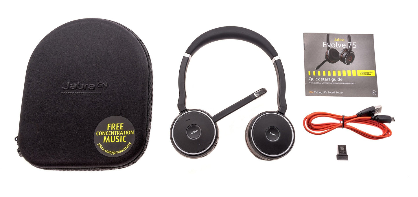 Jabra Evolve 75 UC Stereo Wireless Bluetooth Headset/Music Headphones Including Link 370 (U.S. Retail Packaging), Black