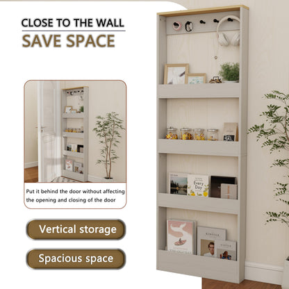 Locsear Behind the Door Bookshelf - Ultra Slim Hidden Storage Cabinet for Kids Room | 4-Tier White Wooden Bookcase with Hooks