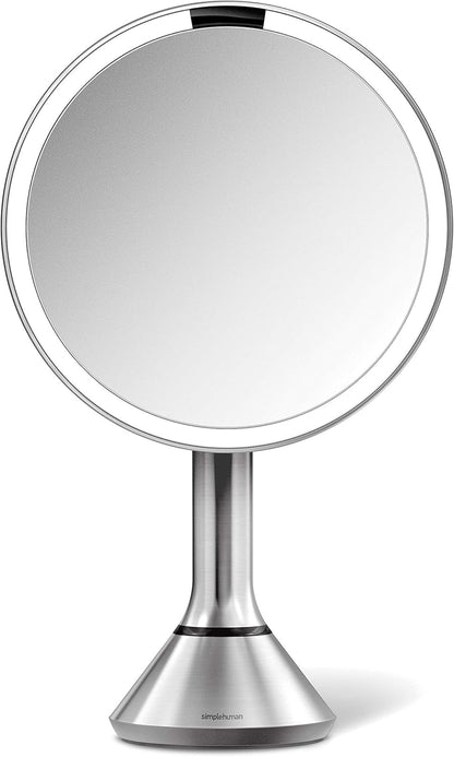 simplehuman Sensor Lighted Makeup Vanity Mirror 8" Round, 5X Magnification, Stainless Steel, Rechargeable and Cordless