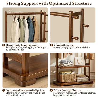 Taitiy Coat Rack Solid Wood Clothes Rack with 2 Shelves & 5 Hooks for Hanging Clothes Garment Wallets Hats, Clothing Rack Coat Rack Freestanding Hall Tree with Storage for Hallway Bedroom Living Room
