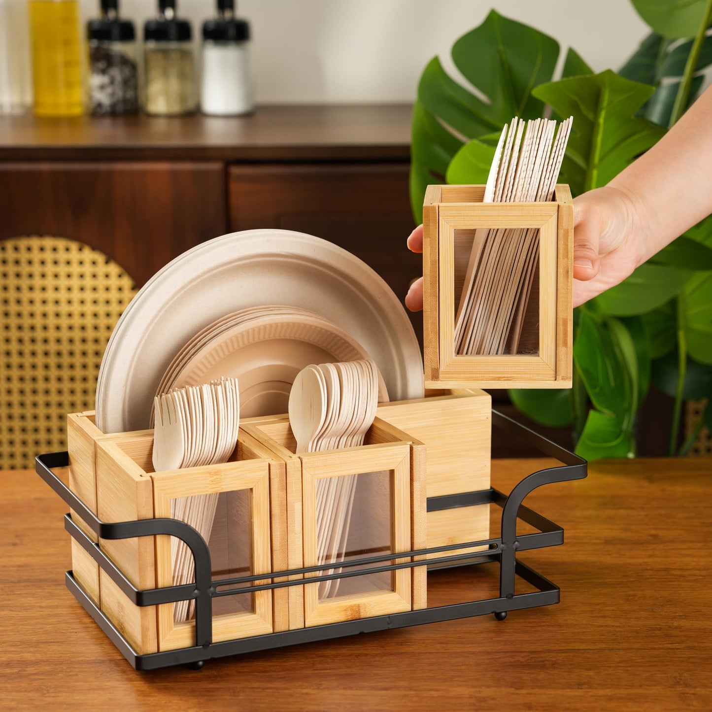 OTTENON Silverware Caddy Wood Utensil Holder Cutlery Flatware Paper Plate Dispenser Organizer for Spoons Forks Plates Napkins (Acrylic)