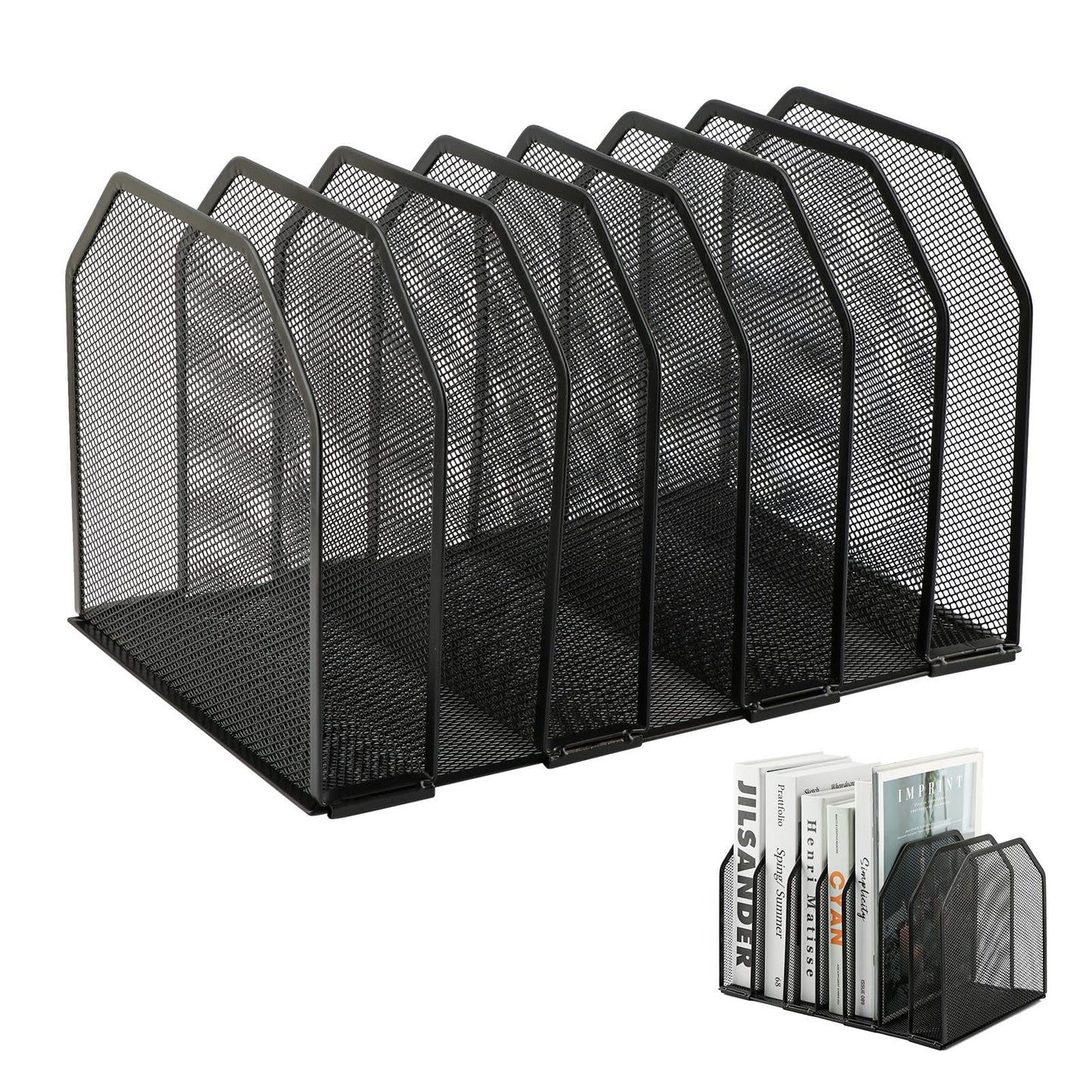 LYNCHAOXAN 7-Section Vertical Mesh File Sorter, Black Metal Desktop Document Organizer with Extra Wide Spacing, Metal Paper Holder for Home Office Classroom Desk Storage