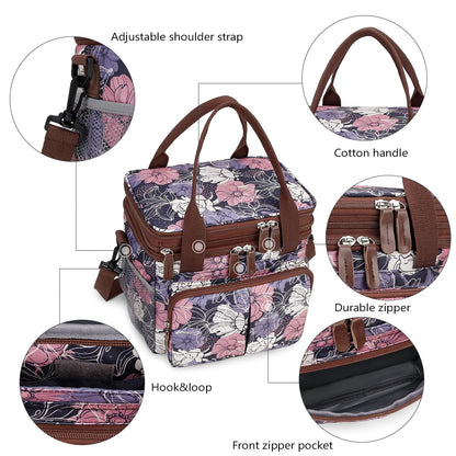 MOV COMPRA Lunch Bag for Women Men Double Deck Expandable Lunch Box,Large Lunch Bags,Leakproof Lunch Box Cooler Bag (Purple Flower)
