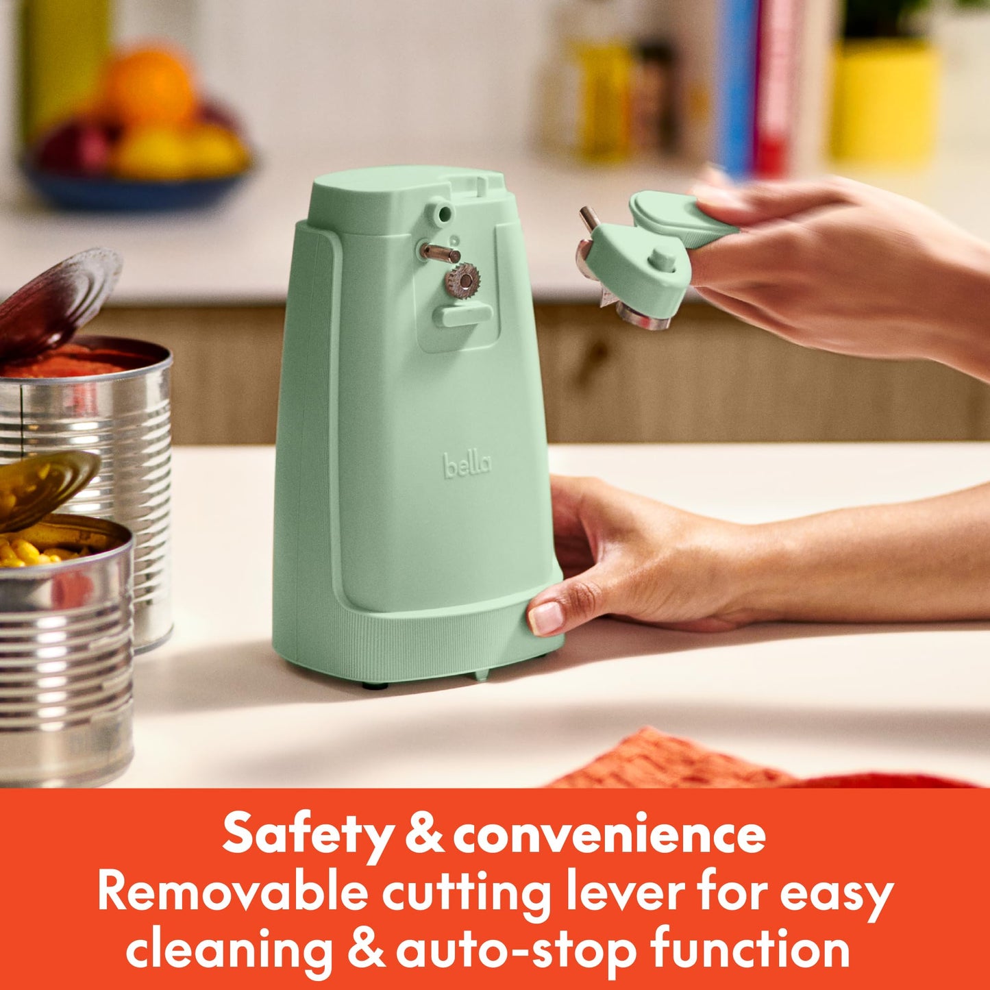 bella Electric Can Opener and Knife Sharpener, Multifunctional Jar and Bottle Opener with Removable Cutting Lever and Cord Storage, Stainless Steel Blade, Surf