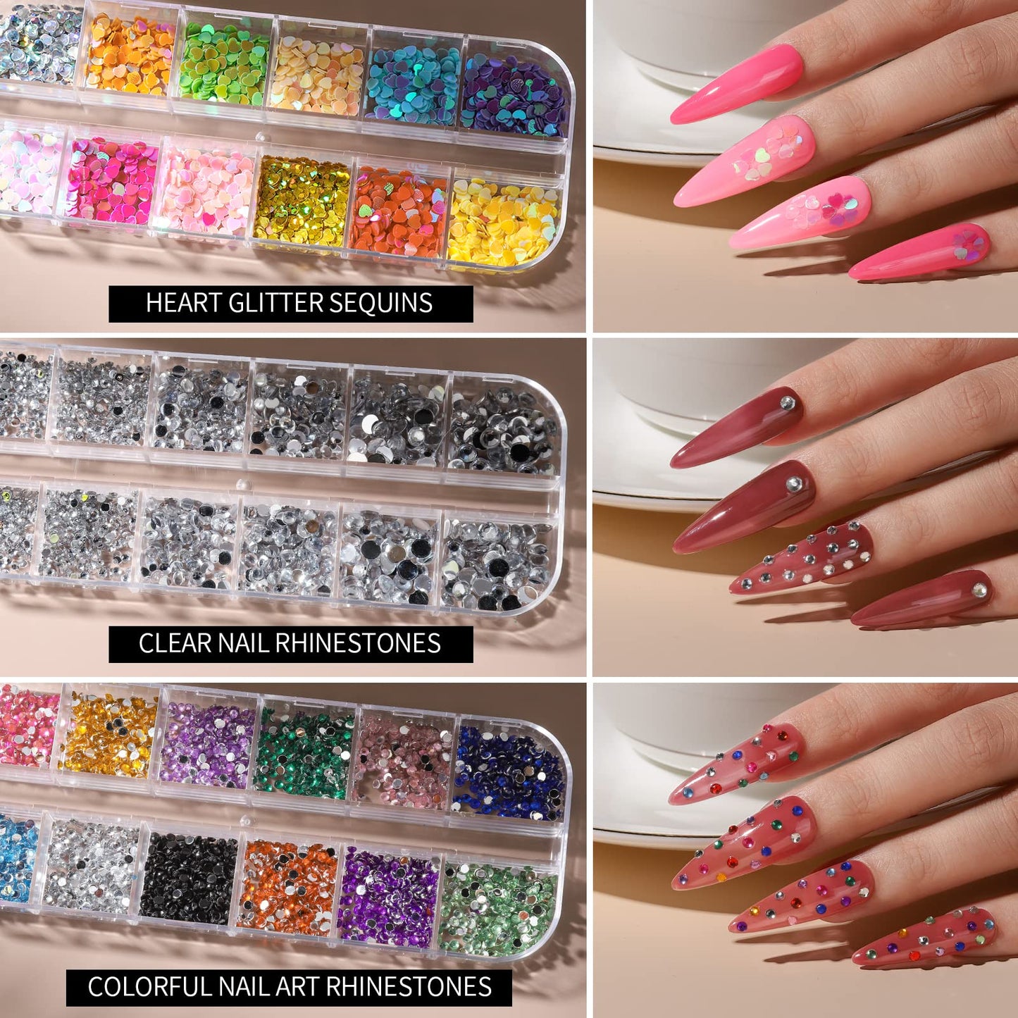 FANDAMEI Nail Art Kit, Nail Art Brushes Set, Nail Design Kit Dotting Tools, Fine Nail Glitter, Nail Decoration Butterfly Heart Glitter Sequins, Foil Flakes, Nail Rhinestones, Dust Brush